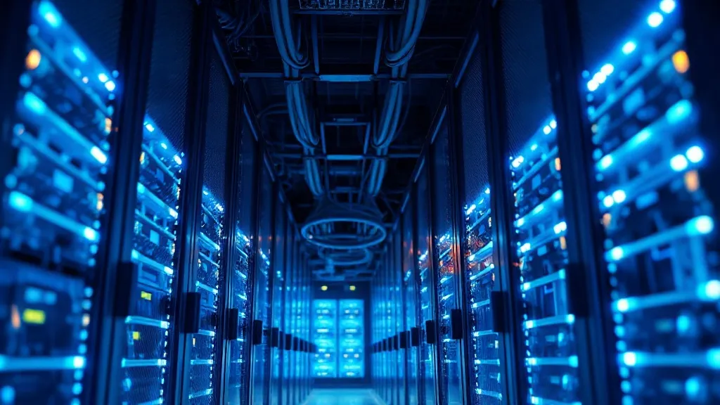 A high-tech server room with blue LED lights and fiber optic